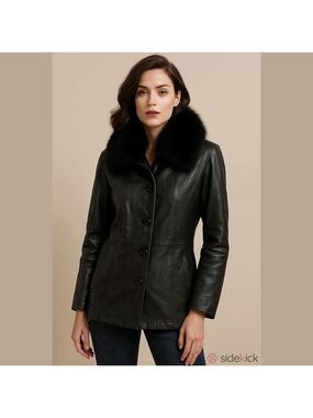 Bernardo Genuine Leather Jacket Authentic Fox Fur Size Small Black
